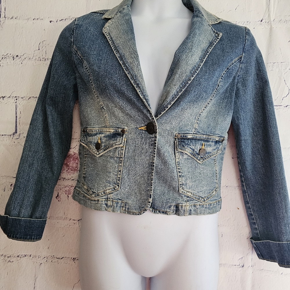Pierre Cardin Blue Stonewash Jean Jacket Large Long Sleeve Notched Collar Button